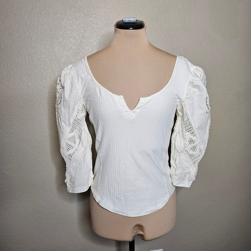 Free People Brunch Date Eyelet Crochet Lace Balloon Sleeve Knit Top Small Ivory - Picture 3 of 12